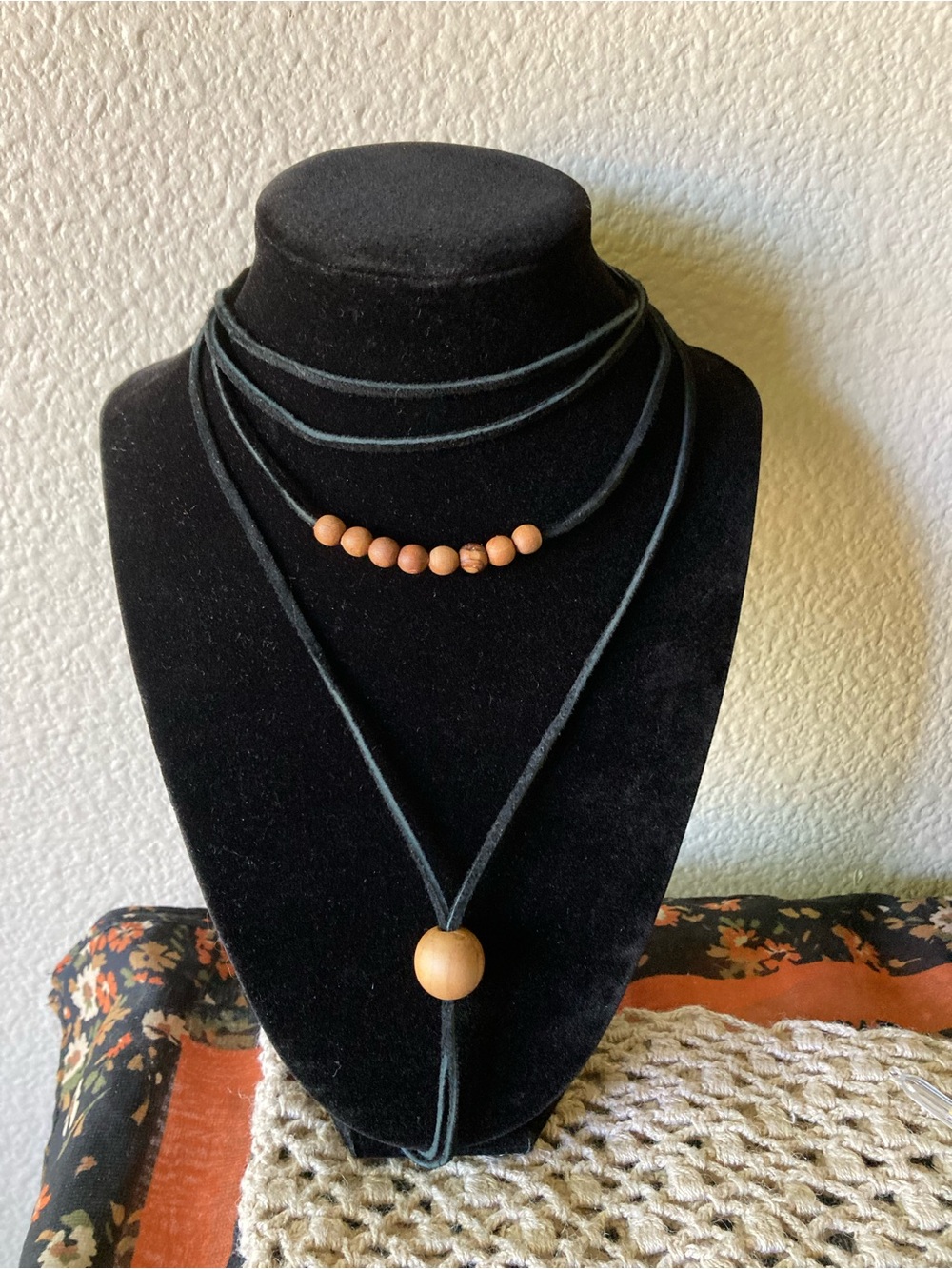 Layered Black Suede Cord Lariat Necklace with Natural Wood Beads